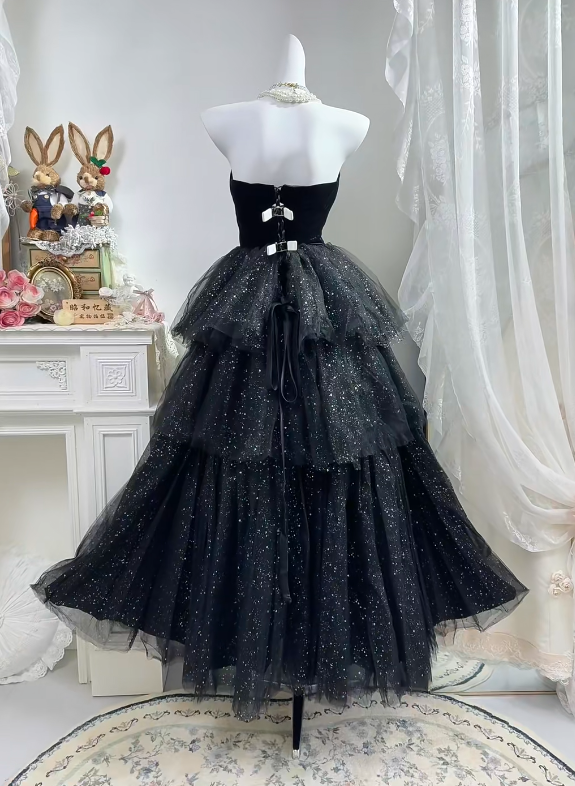 Black Velvet Long Evening Gown, Strapless Bodice Multi-Layer Glitter Tulle Cake Skirt Princess Prom Dress gh9278