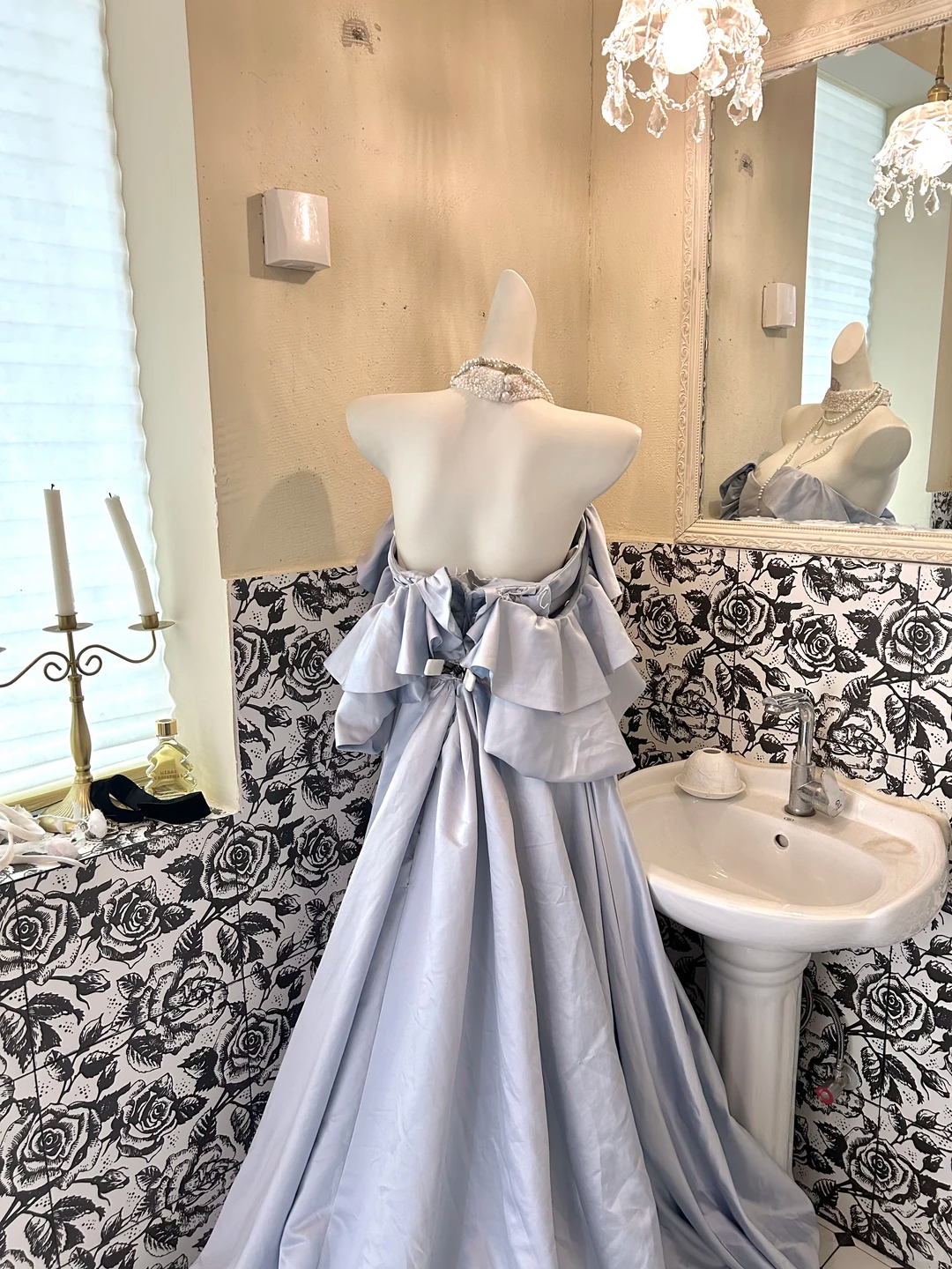 Light Blue Off-the-Shoulder Soft & Sexy Waist-Cinched Full Flared Skirt Long Romantic Dress, Wedding Gown gh7741