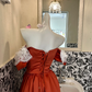 Orange Lace Neckline Off-the-Shoulder Waist-Cinched Full Flared Vintage Romantic Dress, Wedding Gown gh7581