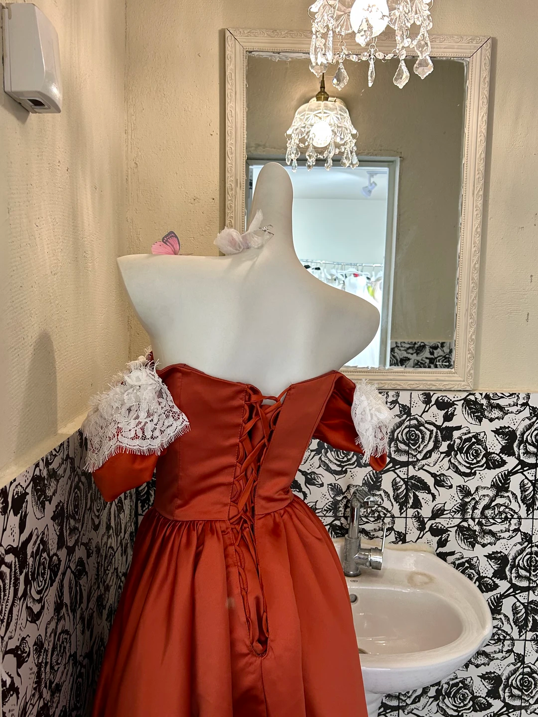Orange Lace Neckline Off-the-Shoulder Waist-Cinched Full Flared Vintage Romantic Dress, Wedding Gown gh7581