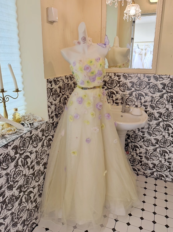 Light Yellow Strapless Cinched Waist A-Line Skirt Long Romantic Dress, Wedding Gown gh7825
