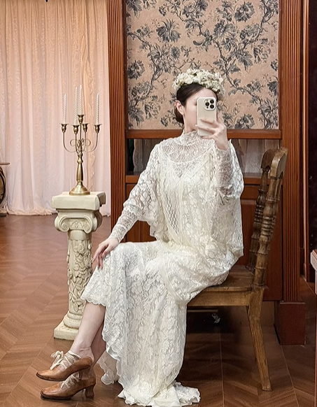 Ivory Vintage Two‑Piece Lace Wedding Gown, High Neck Batwing Sleeve Lace Overlay, Tassel Lace Trim, V‑Neck Lace Slip Mermaid Long Train, Prom Dress gh8645