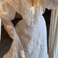 Ivory White Victorian Vintage Wedding Gown, Lace Illusion High Neck Cape Ruffle Puff Long Sleeve Lace Applique Tiered Tulle Bridal Dress gh9070