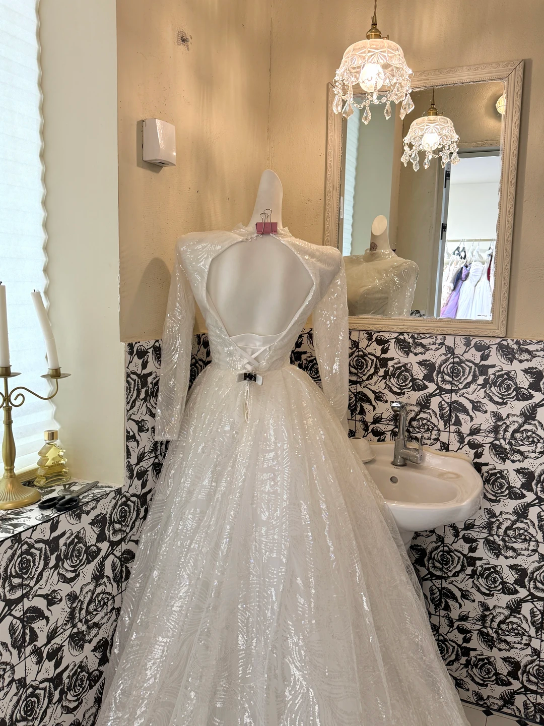 Ivory Sequin Long Sleeve Waist-Cinched Full Flared Skirt Luxury Romantic Dress, Wedding Gown gh7652