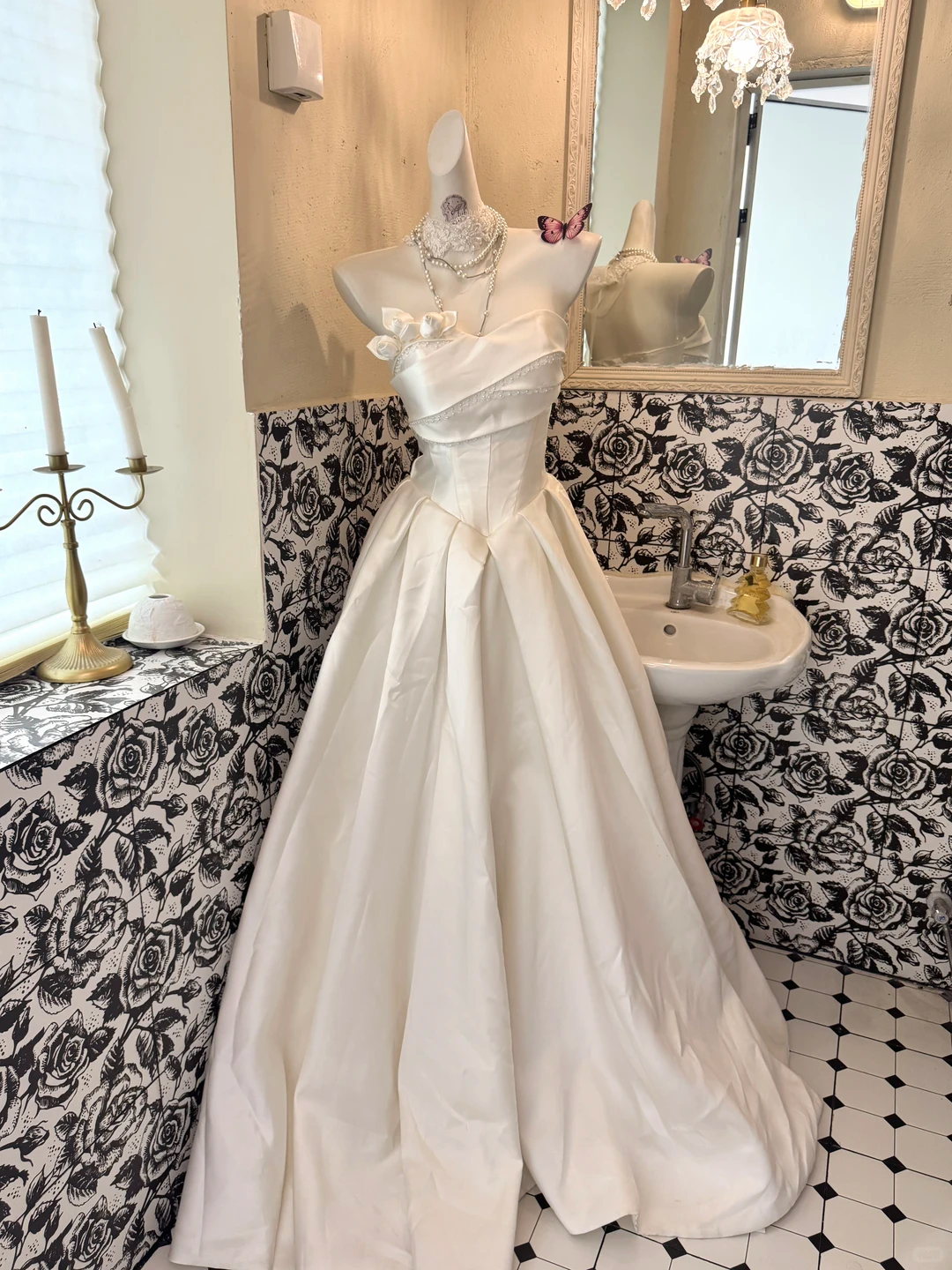White Satin Strapless Waist-Cinched Full A-line Long Romantic Dress, Wedding Gown gh7498