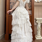Ivory Vintage Satin Wedding Gown, Sweetheart Neckline Puff Short Sleeves, Lace Appliqué Fitted Waist, Multi‑Tiered Ruffled Lace Ball Gown Skirt, Bridal Prom Dress gh8721