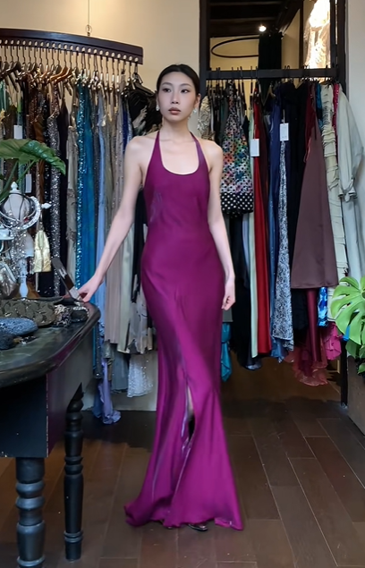 Plum Purple Halter U-Neck Long Formal Gown High Slit Satin Mermaid Evening Dress gh9666