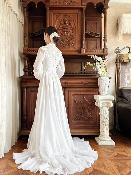 Off‑White Vintage Edwardian High Neck Lace Sheer Puff Long Sleeve High Waist Multi‑Layer Ruffle Lace Hem Long Train Prom Gown, Wedding Dress gh8623