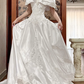 White Vintage Satin Long‑Train Wedding Prom Dress, Off‑the‑Shoulder Cape Collar With Big Bow, Lace Beaded Bodice, Scattered Lace Appliqués gh8711