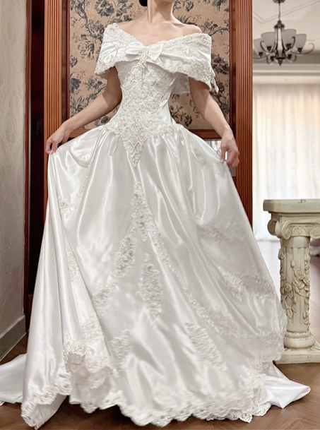 White Vintage Satin Long‑Train Wedding Prom Dress, Off‑the‑Shoulder Cape Collar With Big Bow, Lace Beaded Bodice, Scattered Lace Appliqués gh8711