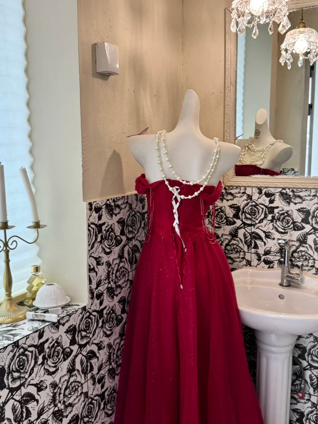 Burgundy Off-the-Shoulder Waist-Cinched Fitted Long Elegant Romantic Dress, Wedding Gown gh7565