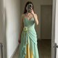 ✨Girlhomeshops-Spaghetti Strap Mint Green 3D Floral Beaded Color Block Long Prom Gown gh10226