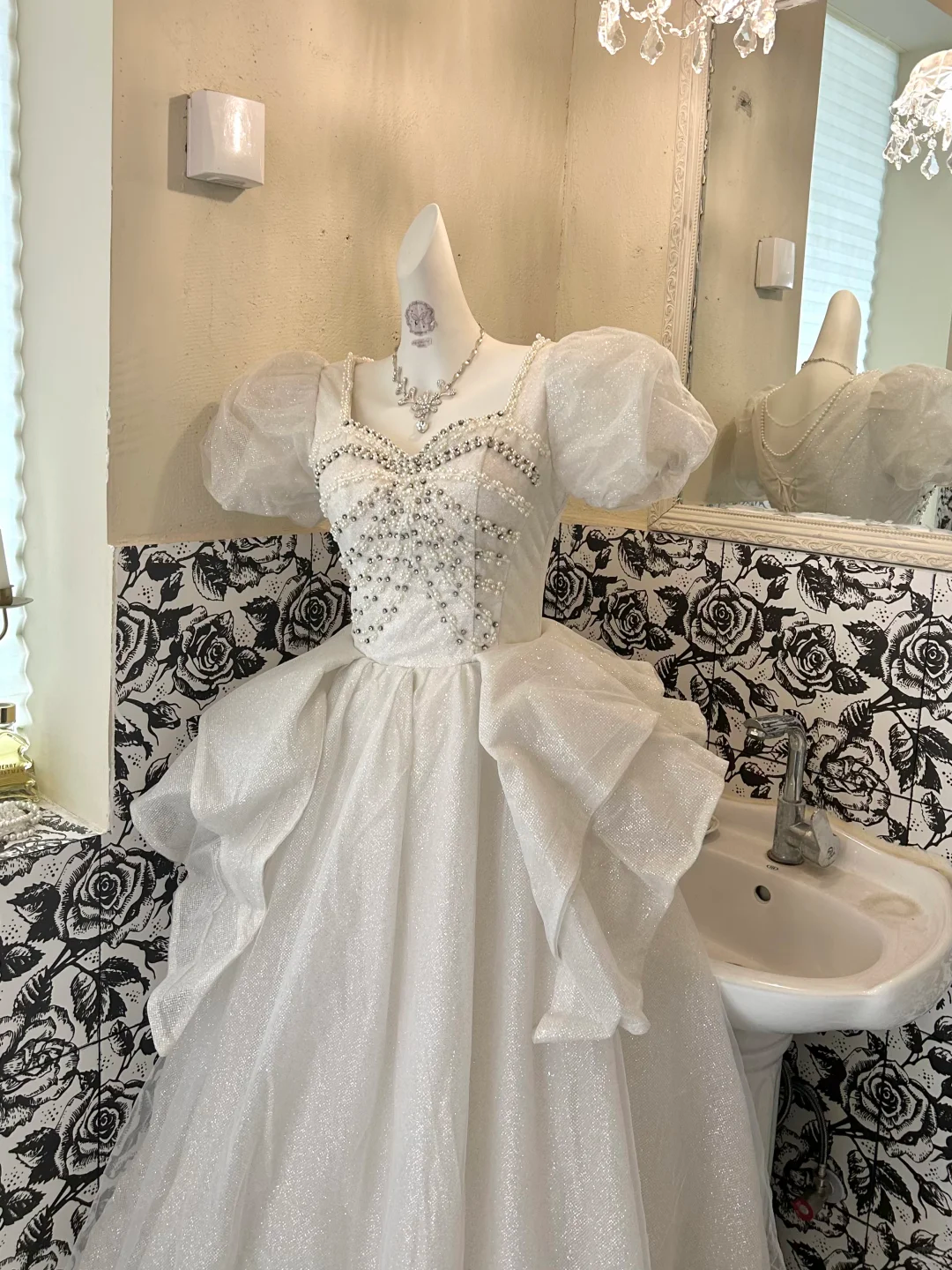 Ivory Puff Sleeve Waist-Cinched Voluminous Skirt Long Romantic Dress, Wedding Gown gh7698