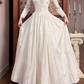 Cream Vintage Jacquard Satin Wedding Gown, V‑Neck Off‑The‑Shoulder Long Sleeves, Embroidered Appliqué Bodice, Pointed Waist, Voluminous Full Skirt, Prom Dress gh8639