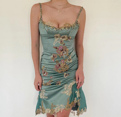 Dusty Teal Satin Short Prom Dress, Beaded Spaghetti Straps, Lace Trim V‑Bodice, Colorful Floral Lace Applique, Ruched Fitted Midi Evening Gown gh8618
