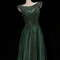 ✨Girlhomeshops-Dark Green Cap Sleeve Beaded Rhinestone A-Line Gown Shimmer Tulle gh10147