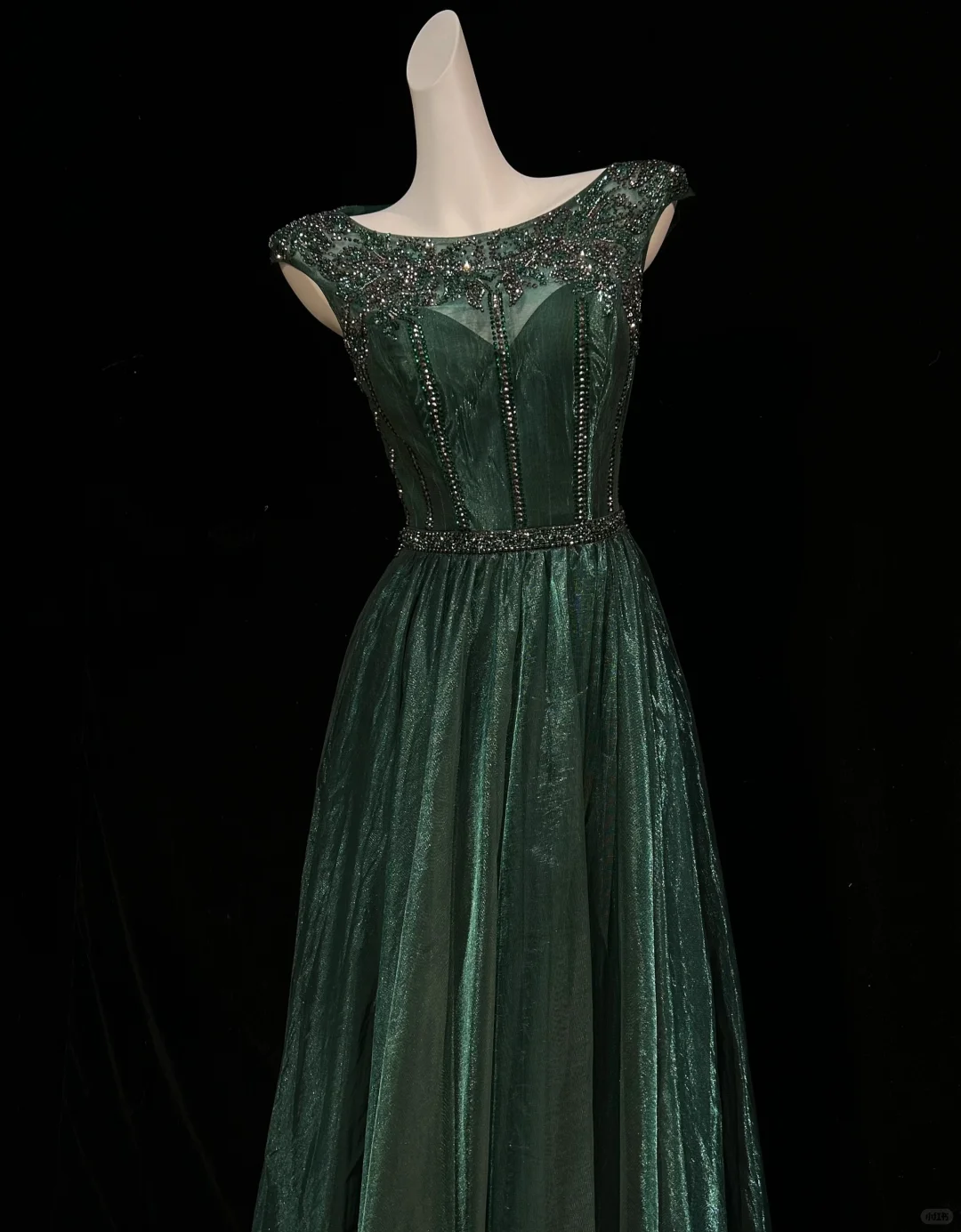 ✨Girlhomeshops-Dark Green Cap Sleeve Beaded Rhinestone A-Line Gown Shimmer Tulle gh10147