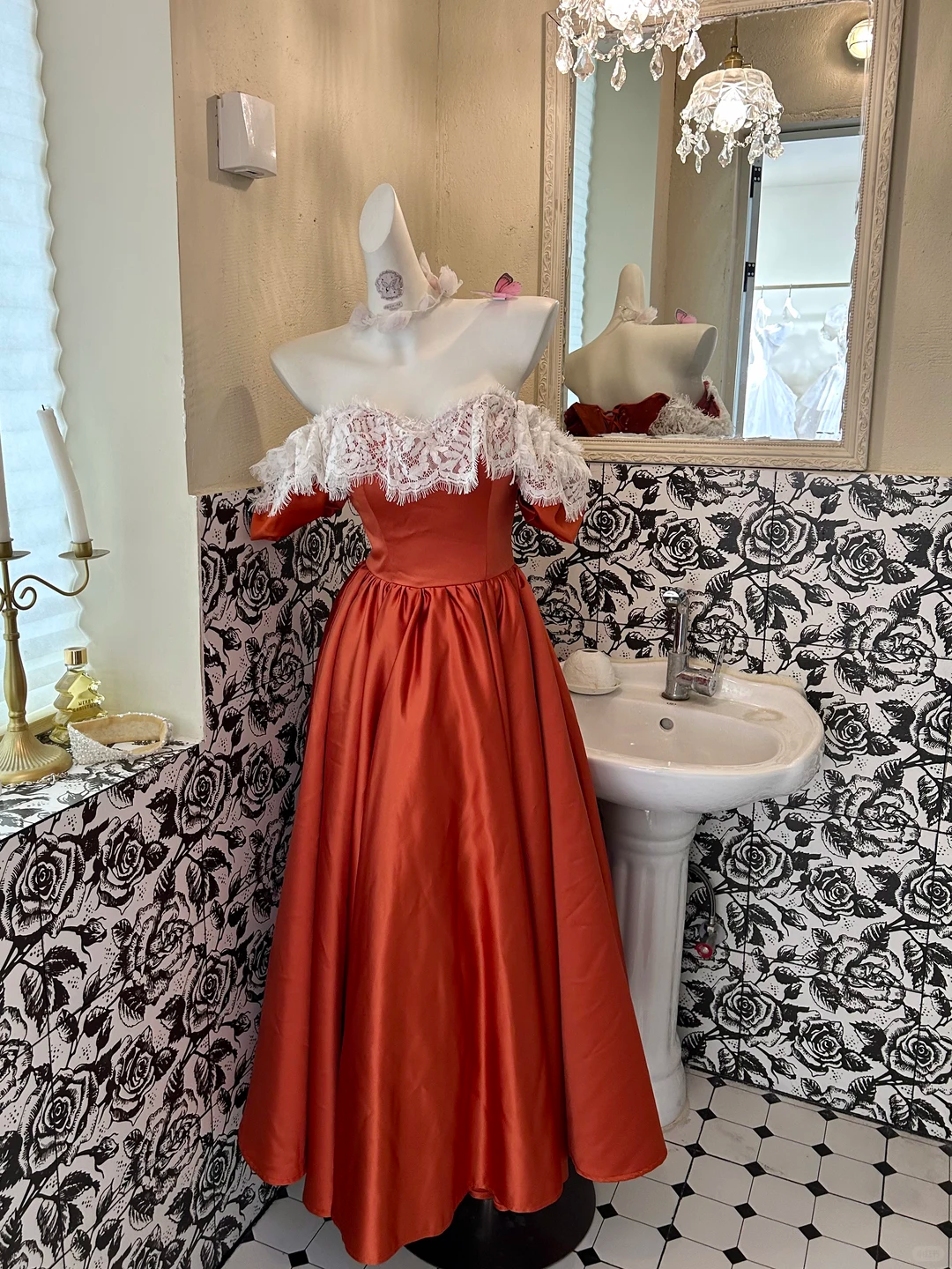 Orange Lace Neckline Off-the-Shoulder Waist-Cinched Full Flared Vintage Romantic Dress, Wedding Gown gh7581