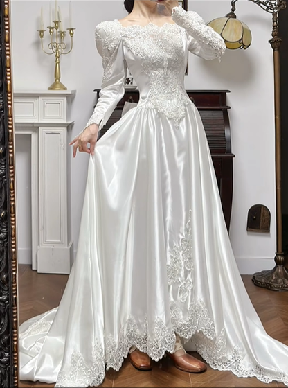 Ivory Vintage Lace Satin Wedding Dress, Off‑Shoulder Puff Long Sleeve Bridal Gown gh8742