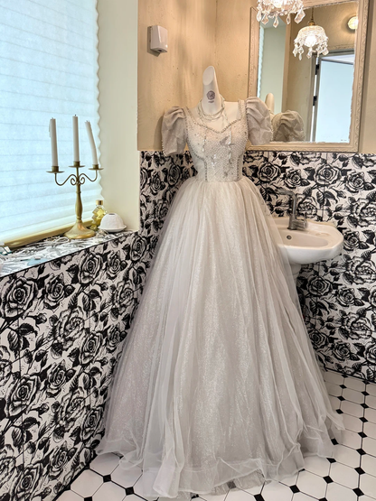 Ivory Puff Sleeve Beaded Waist-Cinched Fitted Full Flared Vintage Romantic Dress, Wedding Gown gh7529