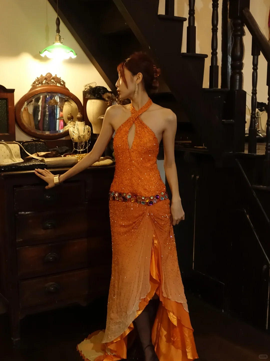 Orange Halter Cutout Sequin Prom Dress Color Gem Waist High Slit Tulle Train Evening Gown gh9860