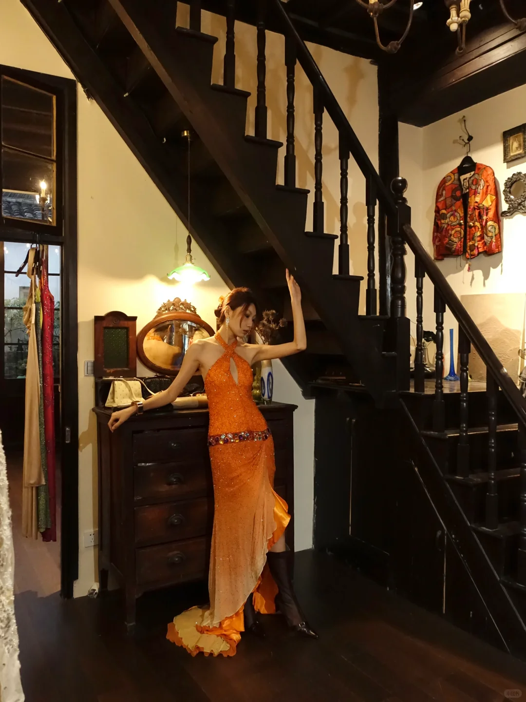 Orange Halter Cutout Sequin Prom Dress Color Gem Waist High Slit Tulle Train Evening Gown gh9860