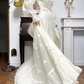 Ivory Vintage Lace Stand Collar Lantern Sleeve Tiered Lace‑Trim Long Train Tulle Wedding Dress gh8765
