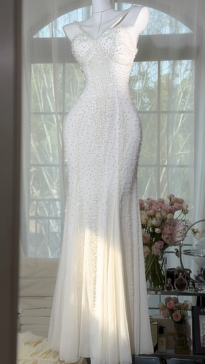 White V-Neck Spaghetti Strap Fully Beaded Fitted Mermaid Evening Dress, Prom Gown gh9522