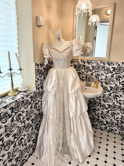 White Puff Sleeve Waist-Cinched Fitted Vintage Elegant Long Romantic Dress, Wedding Gown gh7493