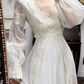 Ivory Vintage Chiffon Wedding Gown, V‑Neck Lace High Collar, Lace‑Sheer Puff Long Sleeves, Lace Appliqué Empire Waist, Draped Pleated Flowy Full Skirt, Side Lace Trim, Lace‑Edged Train, Bridal Prom Dress gh8734