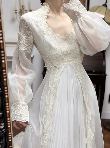 Ivory Vintage Chiffon Wedding Gown, V‑Neck Lace High Collar, Lace‑Sheer Puff Long Sleeves, Lace Appliqué Empire Waist, Draped Pleated Flowy Full Skirt, Side Lace Trim, Lace‑Edged Train, Bridal Prom Dress gh8734