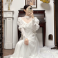 Ivory Vintage Lace High‑Neck Puff‑Sleeve Tie‑Cuff A‑Line Short Train Wedding Dress gh8774