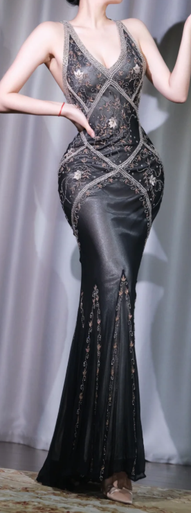 ✨Girlhomeshops-Black Vintage Gatsby Prom Gown V Neck Sleeveless Floral Hand Beaded Mermaid Evening Dress gh10077