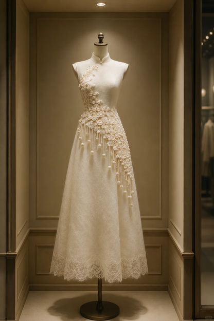 ✨Girlhomeshops-Cream White 3D Floral Pearl Tassel Sleeveless A-line Qipao Cheongsam gh10409