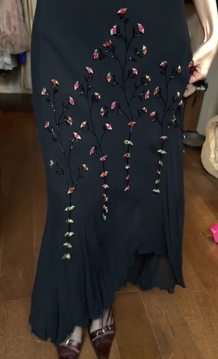 Black Spaghetti Strap Lace V Neck Hand Beaded Floral Mermaid Chiffon Long Evening Prom Dress gh9792