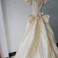 Light Champagne Vintage Wedding Gown, V‑Neck Puff Short Sleeves, Heavy Beaded Sequin Floral Lace Applique, Large Back Satin Bow, Satin Ball Gown Skirt, Bridal Prom Dress gh8914