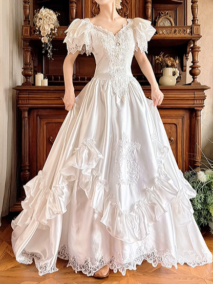 White Satin Vintage V‑Neck Ruffle Puff Short Sleeve Lace Applique Fitted Waist Tiered Ruffle Skirt Prom Gown, Wedding Dress gh8610