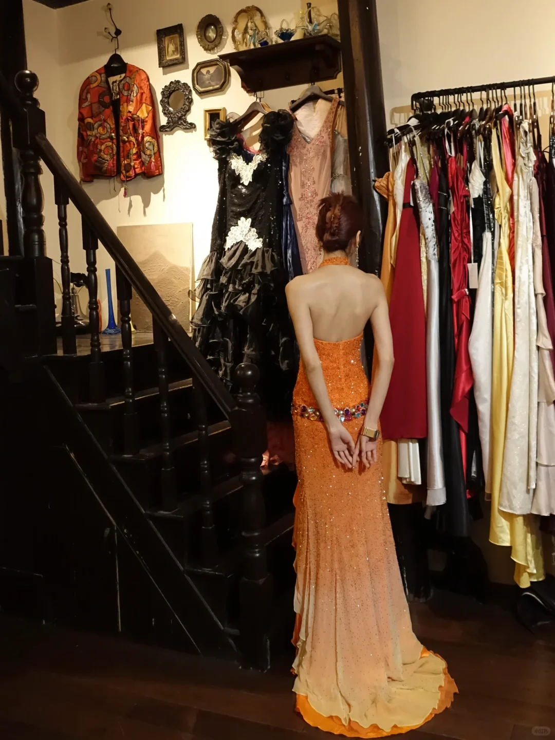 Orange Halter Cutout Sequin Prom Dress Color Gem Waist High Slit Tulle Train Evening Gown gh9860