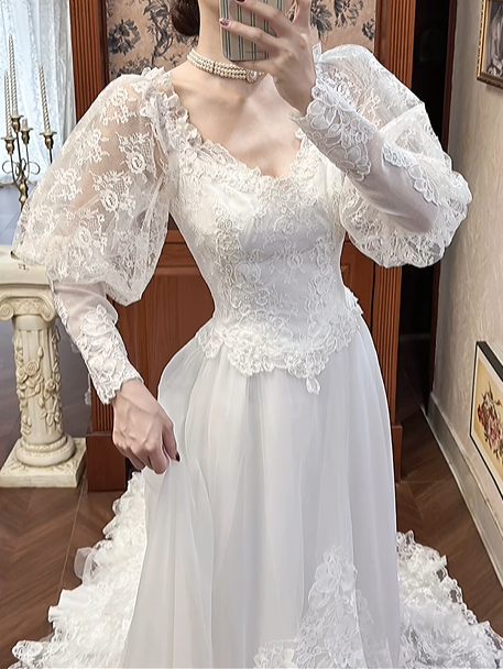Ivory Vintage Lace A‑Line Wedding Prom Dress, Sweetheart V‑Neck, Lace Puff Long Sleeves, Full Lace Long Train gh8700