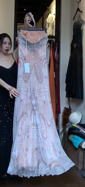 Dusty Pink Halter Vintage Symmetric Print Pleated Sheer Mesh Mermaid Long Evening Prom Dress gh9788
