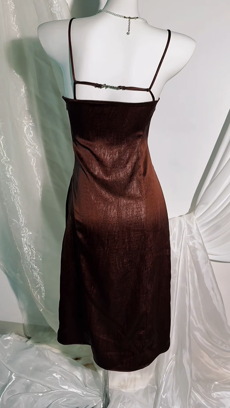 Sexy Vintage Dark Brown Satin Short Prom & Evening Party Dress, Spaghetti Straps, Fitted Waist Slim Silhouette gh8548
