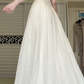Off‑White Boat Neck Sleeveless Long Evening Gown, Floral Lace Bodice, Chiffon A‑Line Floor‑Length Skirt, Simple Vintage Bridal Dress gh8938
