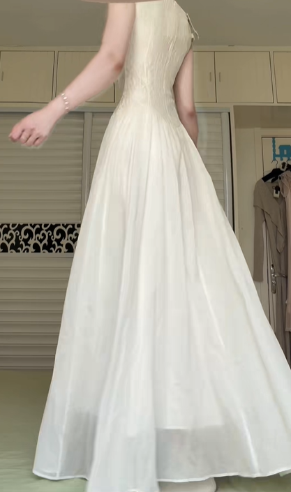 Off‑White Boat Neck Sleeveless Long Evening Gown, Floral Lace Bodice, Chiffon A‑Line Floor‑Length Skirt, Simple Vintage Bridal Dress gh8938