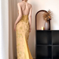 Gold‑Vintage‑Mermaid‑Gown Halter‑Deep‑V‑Beaded‑Bodice Golden‑Floral‑Embroidery‑Mesh Fitted‑Train‑Silhouette Open‑Back Luxurious‑Retro‑Prom‑Evening‑Dress gh8847