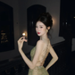 Light Green Spaghetti Strap Rhinestone Fitted Waist Slim Mermaid Prom & Evening Party Dress gh8505