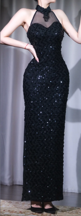 ✨Girlhomeshops-Black Halter Sequin Prom Gown Stand Collar Mesh Sweetheart Neck Long Evening Dress gh10094