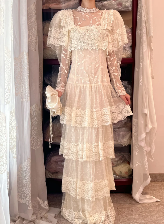 Cream Vintage Lace Tiered Long Gown, High Neck Sheer Floral Tulle Formal Dress gh9304