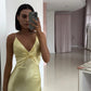 Yellow Fashion V-neck Spaghetti Straps Elegant Long Satin Back lace-up Ball Gown Evening Dress Party Dress gh3160