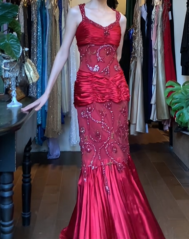 Red Satin Mermaid Evening Gown Wide Straps Heart Beaded Sheer Mesh Prom Dress gh9633