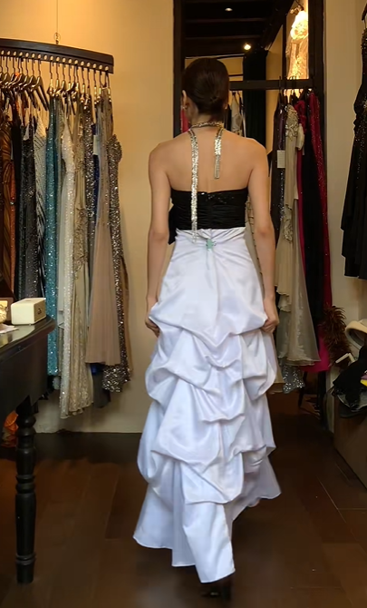 Black White Contrast Strapless Sweetheart Evening Gown Sequin Bodice Big Bow Draped Satin Long Prom Dress gh9716